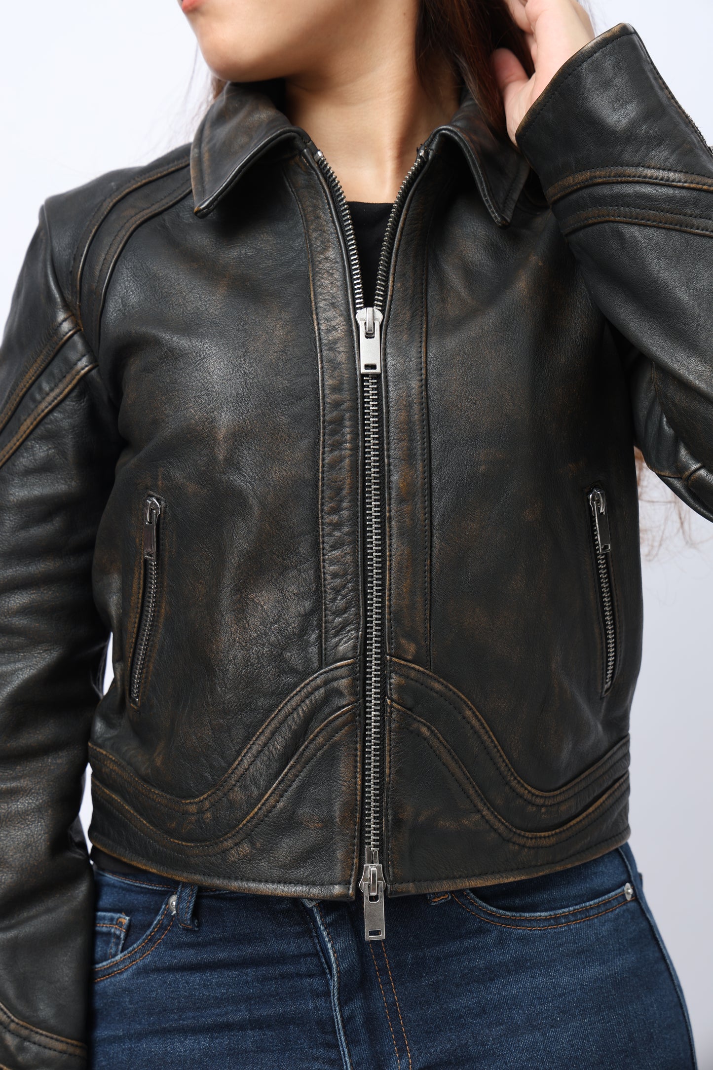 Women`s distressed leather racer jacket