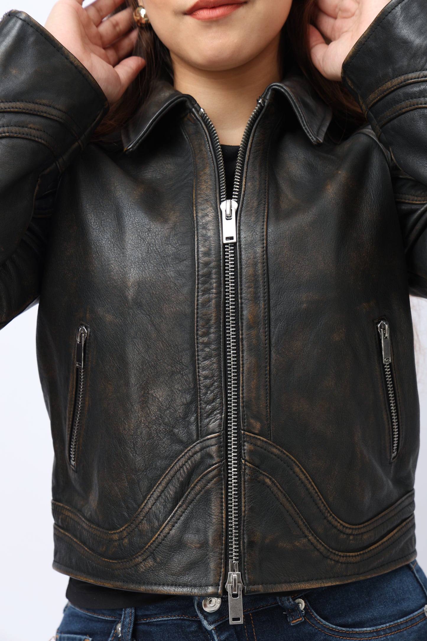 Women`s distressed leather racer jacket