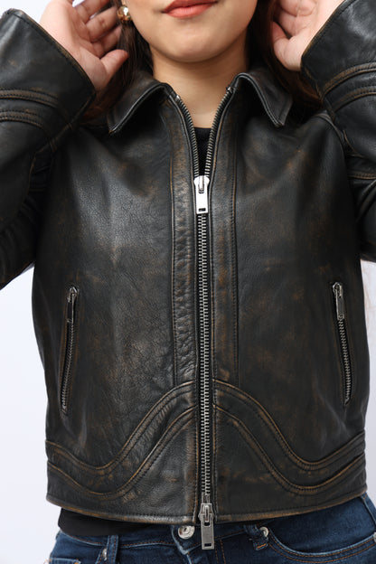 Women`s distressed leather racer jacket