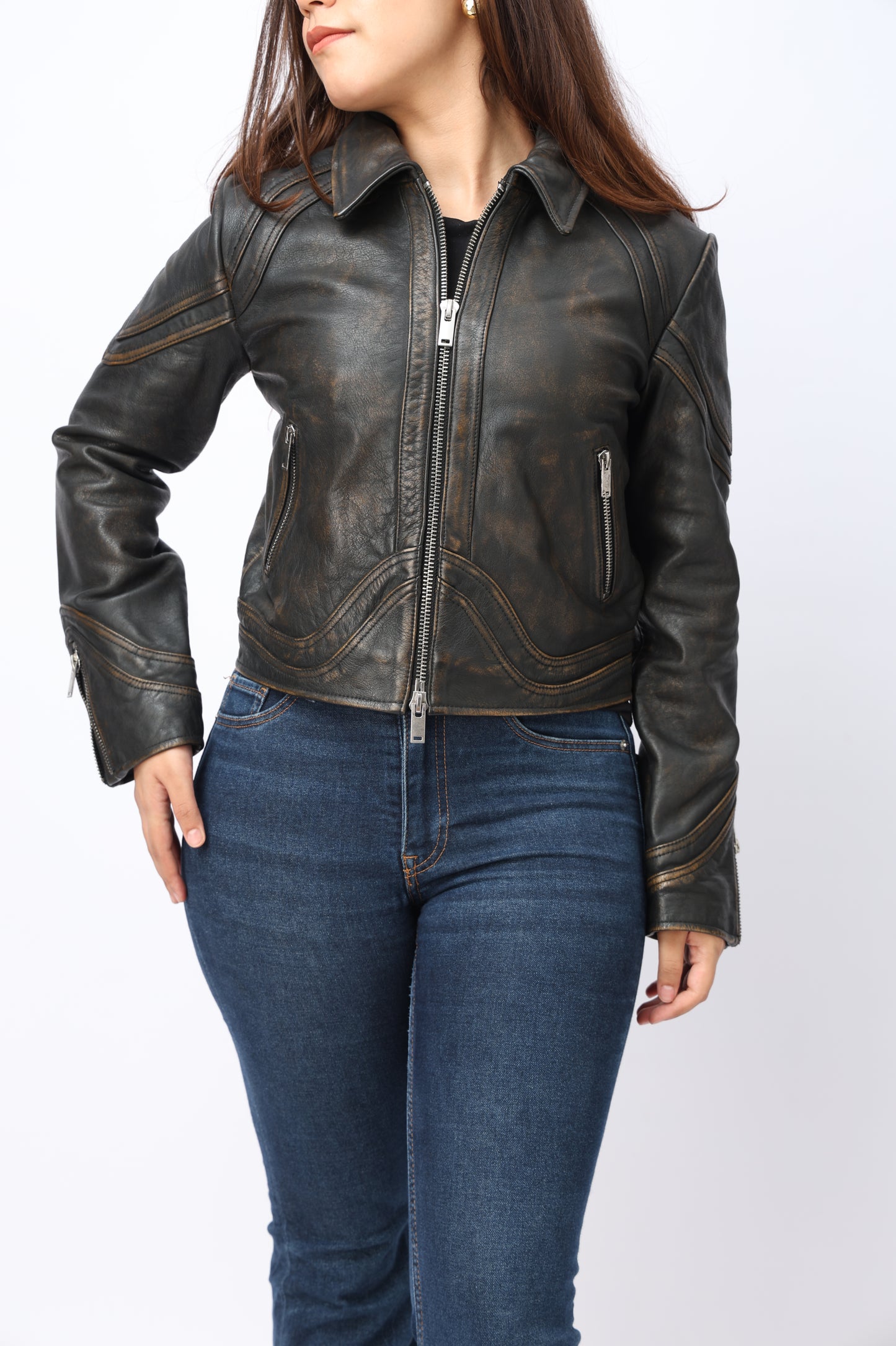 Women`s distressed leather racer jacket