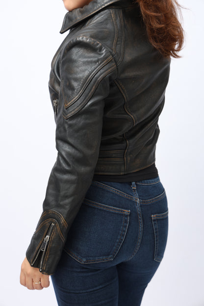 Women`s distressed leather racer jacket
