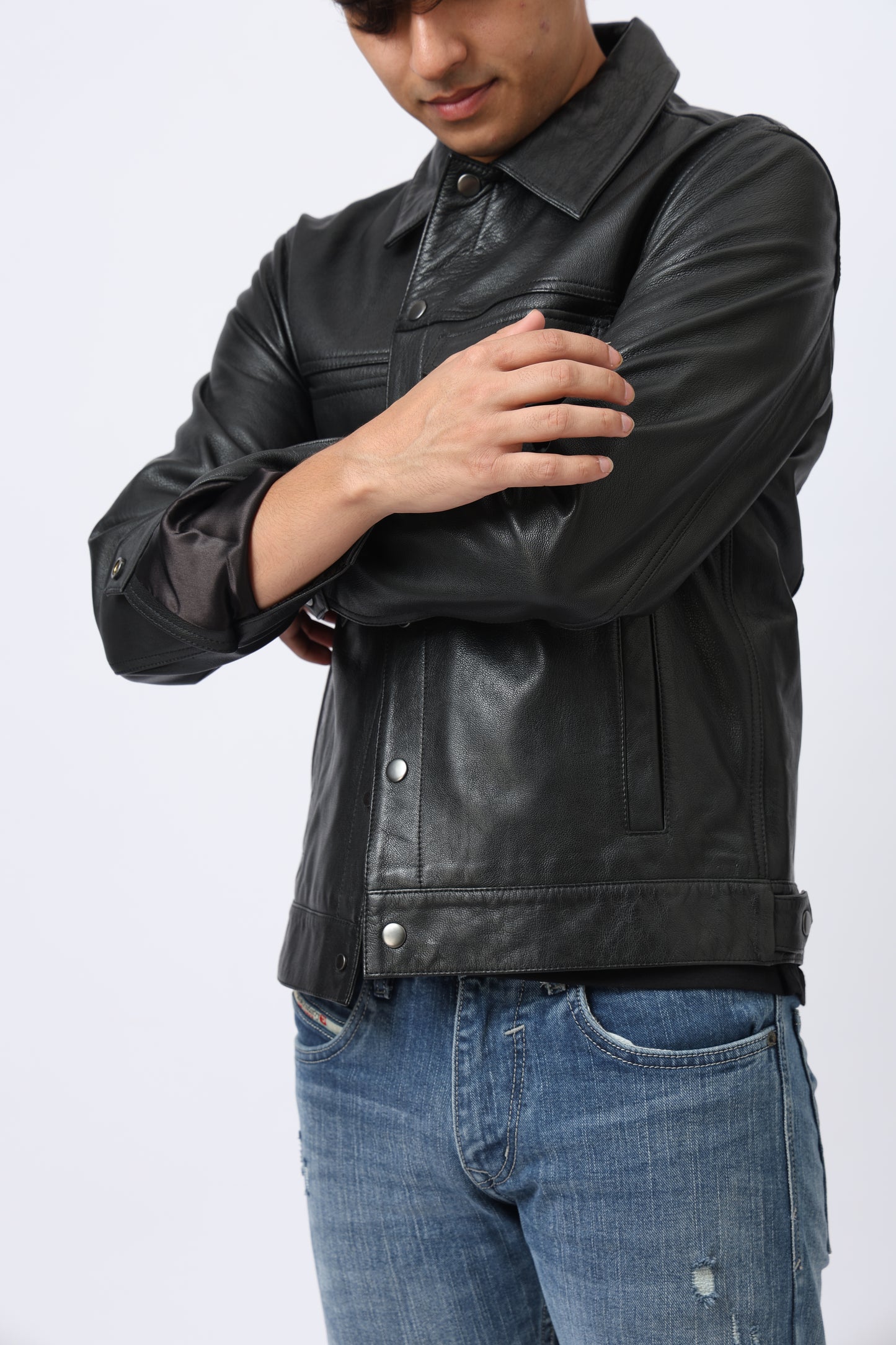 Raw black leather jacket
