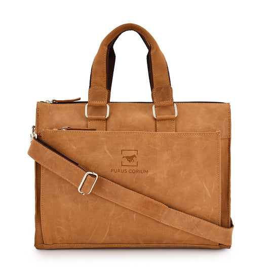 Vintage Nubuck Leather Laptop Bag- Caramel Tan